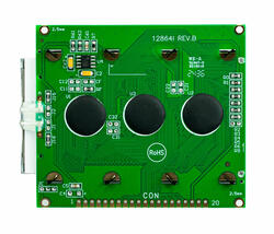 128x64 graphic LCD with white pixels on a dark background. Back view.