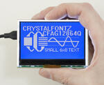 White on Blue 128x64 graphic LCD. In hand to show size and perspective.