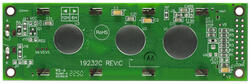192x32 Pixel, Graphic LCD with Dark Letters on a Yellow-Green background and a white LED backlight. Back view.