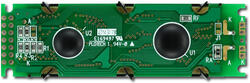 The CFAH1602O-TMI-ET is a white on blue character LCD display module ‒ back view.