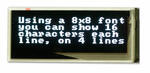 The CFAL12832D-B is a 0.91 inch 128x32  white-on-black graphic OLED - front view, showing 16 characters on 4 lines. ZIF FPC tail not shown.