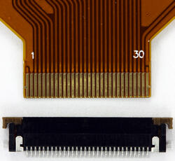 A close up view of the CFAL160128B-F-B2s 30 pin FFC with an FCI SFV30R-2STE1LF connector, 609-1882-1-ND, readily available from Digi-Key.