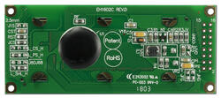The CFAL1602C-PR is a 2x16 red on black OLED character display ‒ back view. SPI interface.