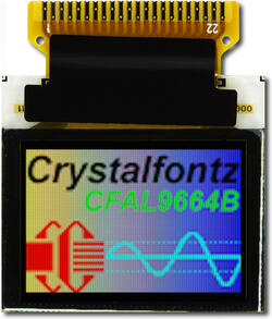 This CFAL9664B-F-B1 is a 0.95 96x64 full color OLED display – front view, power on, tail unfolded. Image is as the eye perceives the display.