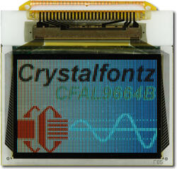 This CFAL9664B-F-B1 is a 0.95 96x64 full color OLED display – front view, power on, tail unfolded. Image is as the camera perceives the display. Zoom-in to see sub-pixel detail.