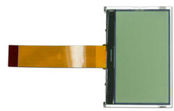 The CFAO12864D3-TFH is a 128x64 dark on light gray LCD display  – front view, power off, tail unfolded.