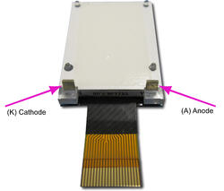 The CFAO4265A-TFK is a 1.0 42x65 dark on light gray LCD display –  back view, tail unfolded, A and K backlight connections labeled. The CFAO4265A-TFK is a 1.0 42x65 dark on light gray LCD display –  back view, tail unfolded, A and K backlight connections labeled.