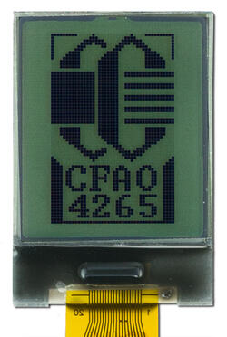 The CFAO4265A-TFK is a 1.0 42x65 dark on light gray LCD display – front view, power on, backlight off, tail cropped. The CFAO4265A-TFK is a 1.0 42x65 dark on light gray LCD display – front view, power on, backlight off, tail cropped.