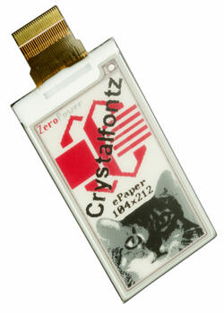 CFAP104212B0-0213 is a 2.13 inch graphic epaper display, red + 3-level grayscale ‒ front angled view, FPC unfolded