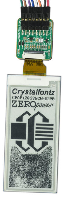 128x296 monochrome ePaper display with our CFA10084 ePaper adapter board. Showing face of ePaper display.
