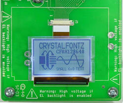 The CFAX12864AP1-TFH mounted on the cfaxzifdemo demonstration board (backlight on). The CFAX12864AP1-TFH mounted on the cfaxzifdemo demonstration board (backlight on).