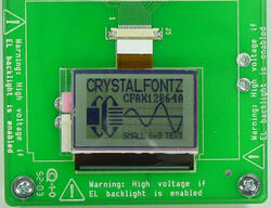 The CFAX12864AP1-WFH mounted on the cfaxzifdemo demonstration board (backlight off).
