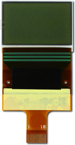 The CFAX12864T1-NFH is a 128x64 dark on light gray LCD display – front view, power off, tail unfolded. The CFAX12864T1-NFH is a 128x64 dark on light gray LCD display – front view, power off, tail unfolded.