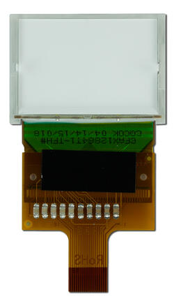 The CFAX12864T1-TFH is a 128x64 dark on light gray LCD display – back view, tail unfolded. The CFAX12864T1-TFH is a 128x64 dark on light gray LCD display – back view, tail unfolded.