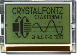 The CFAX12864T1-TFH is a 128x64 dark on light gray LCD display – front view, power on, backlight off, tail folded. The CFAX12864T1-TFH is a 128x64 dark on light gray LCD display – front view, power on, backlight off, tail folded.
