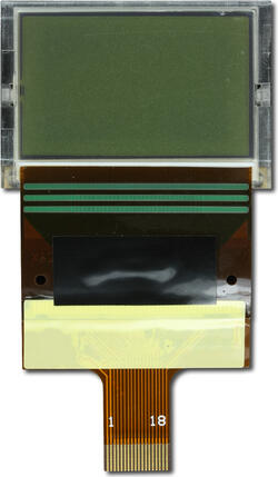 The CFAX12864T1-TFH is a 128x64 dark on light gray LCD display – front view, power off, tail unfolded. The CFAX12864T1-TFH is a 128x64 dark on light gray LCD display – front view, power off, tail unfolded.