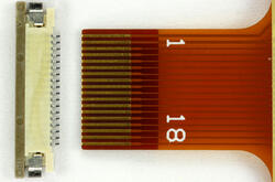 Close up photo of the 18 pin FFC and OR754CT-ND Omron 18 pin ZIF connector from Digi-Key Close up photo of the 18 pin FFC and OR754CT-ND Omron 18 pin ZIF connector from Digi-Key