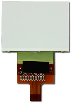The CFAX12864U1-TFH is a 128x64 dark on light gray LCD display – back view, tail unfolded.
