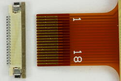 Close up photo of the 18 pin FFC and OR754CT-ND Omron 18 pin ZIF connector from Digi-Key