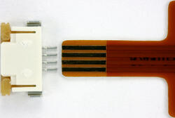 Close up photo of the 4 pin touch panel FFC and WM7675CT-ND Molex 4 pin ZIF connector from Digi-Key