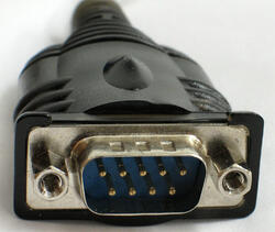 Here is the end-view of the DB-9 connector. The pinout matches a standard PCs 9-pin serial port. You will need our WR232Y02 cable or the WR232Y07 gender changer to allow this connector to mate with the Crystalfontz serial displays.